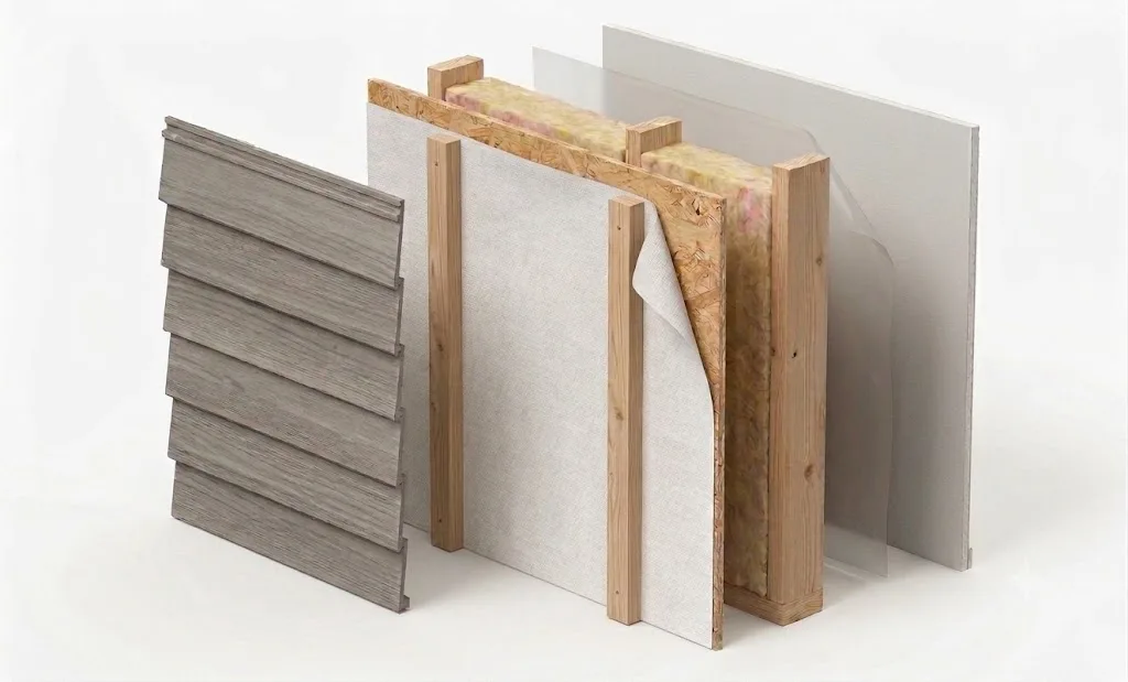 Detalle de capas del muro Wood Frame
